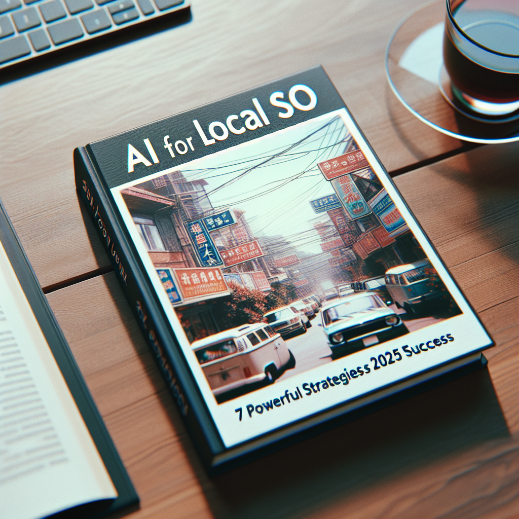 A book titled AI for Local SEO lies on a desk, featuring a city street cover and a coffee cup nearby.