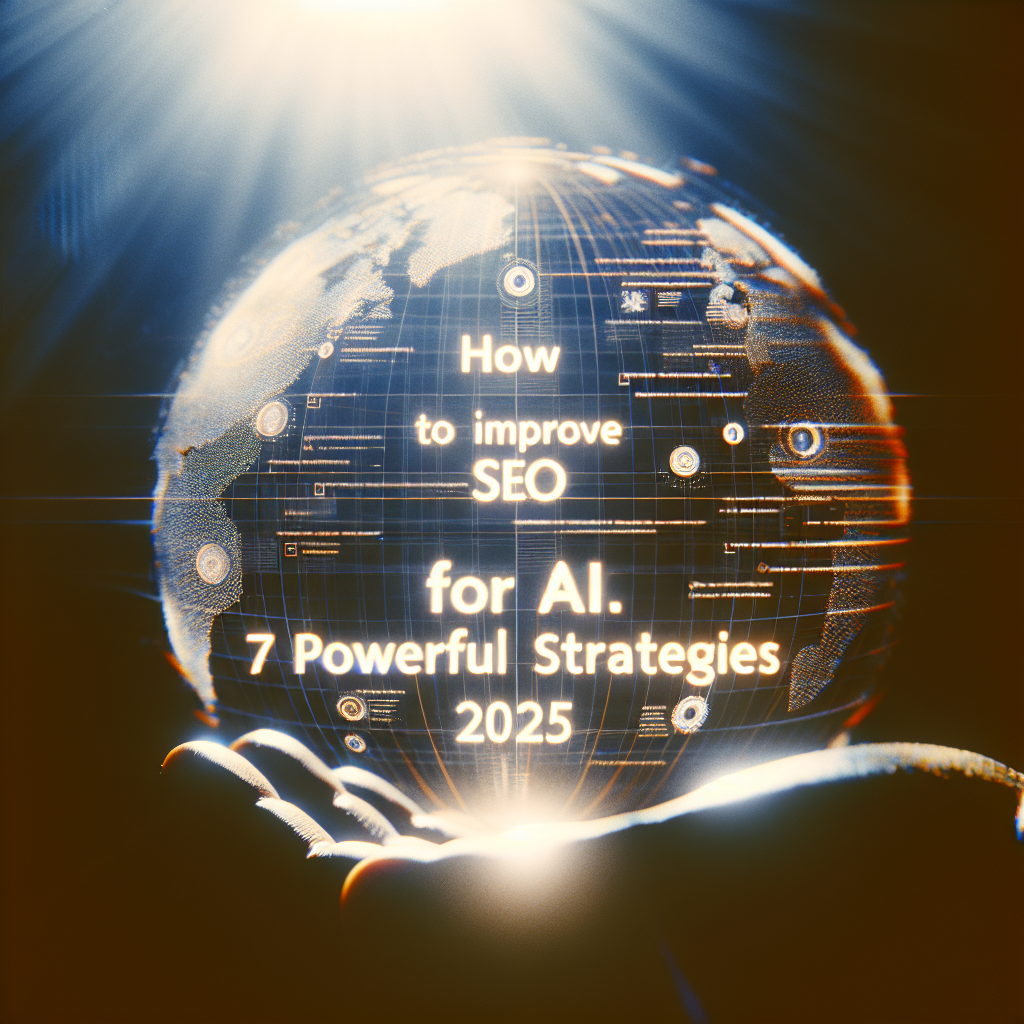 A glowing hand holds a digital globe with the text: How to improve SEO for AI—discover 7 powerful strategies for 2025.