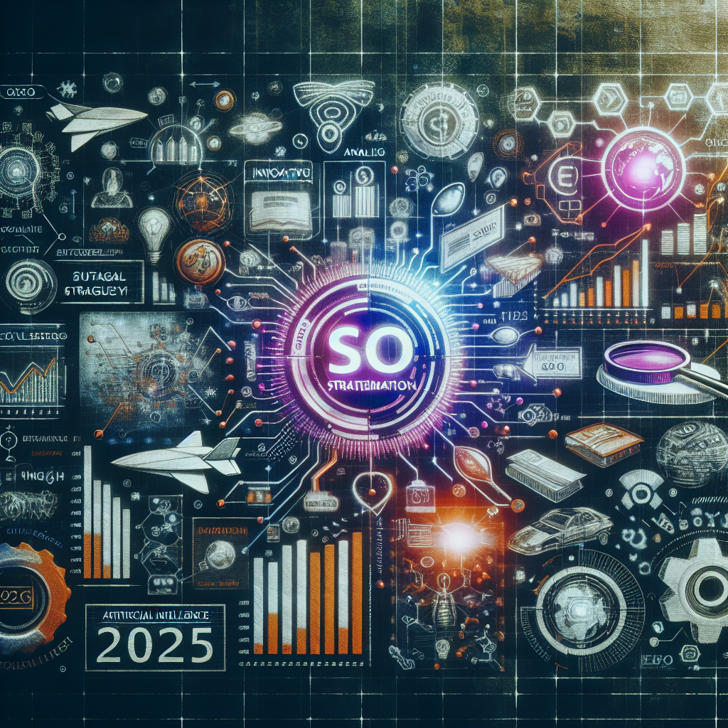 Futuristic infographic features AI, technology icons, and “2025” with SO STRATEGIZATION at the center—perfect for illustrating seo for ai companies and their future-forward strategies.