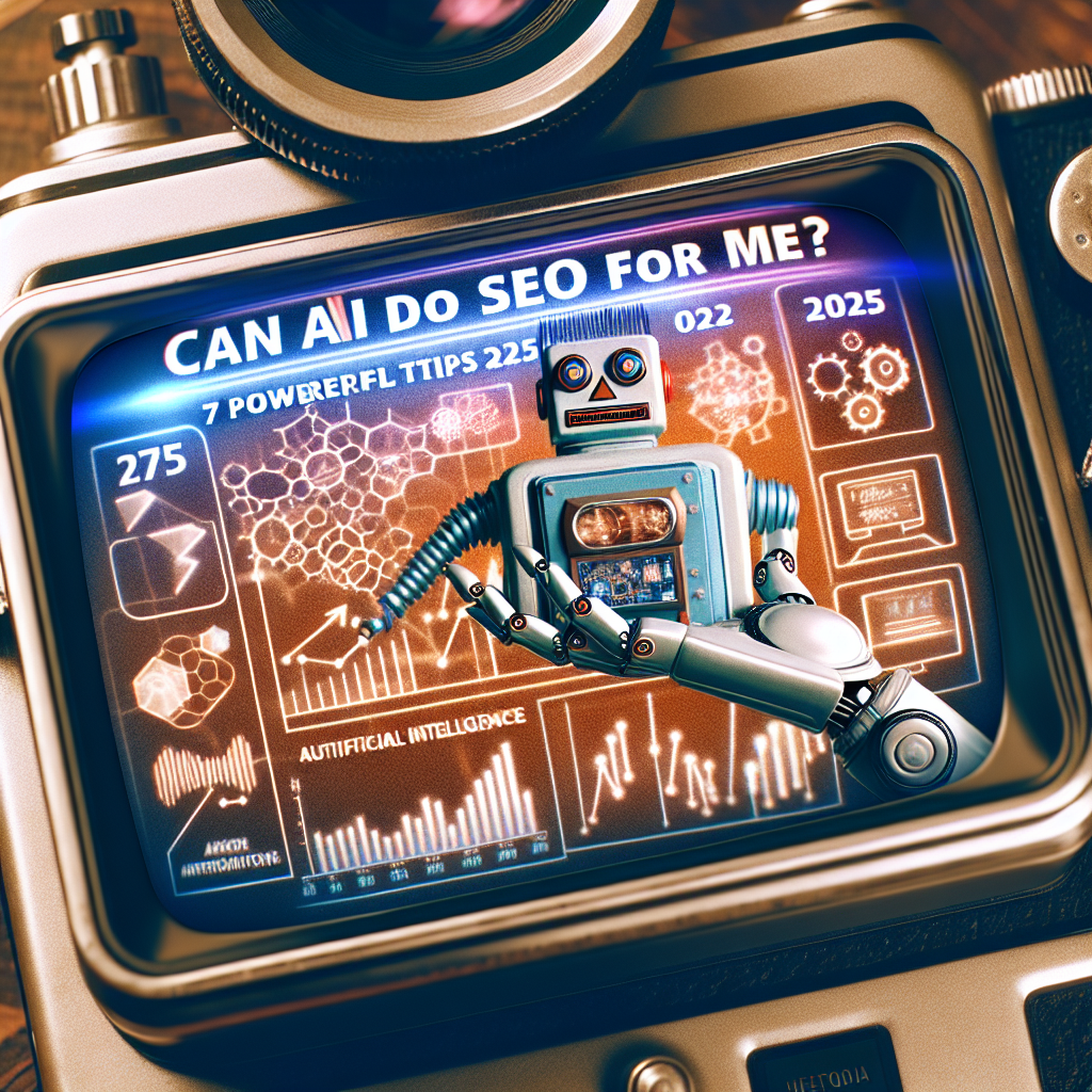 A robot on a screen with SEO charts and the question “Can AI Do SEO For Me?” encourages viewers to explore if AI can handle their SEO needs.
