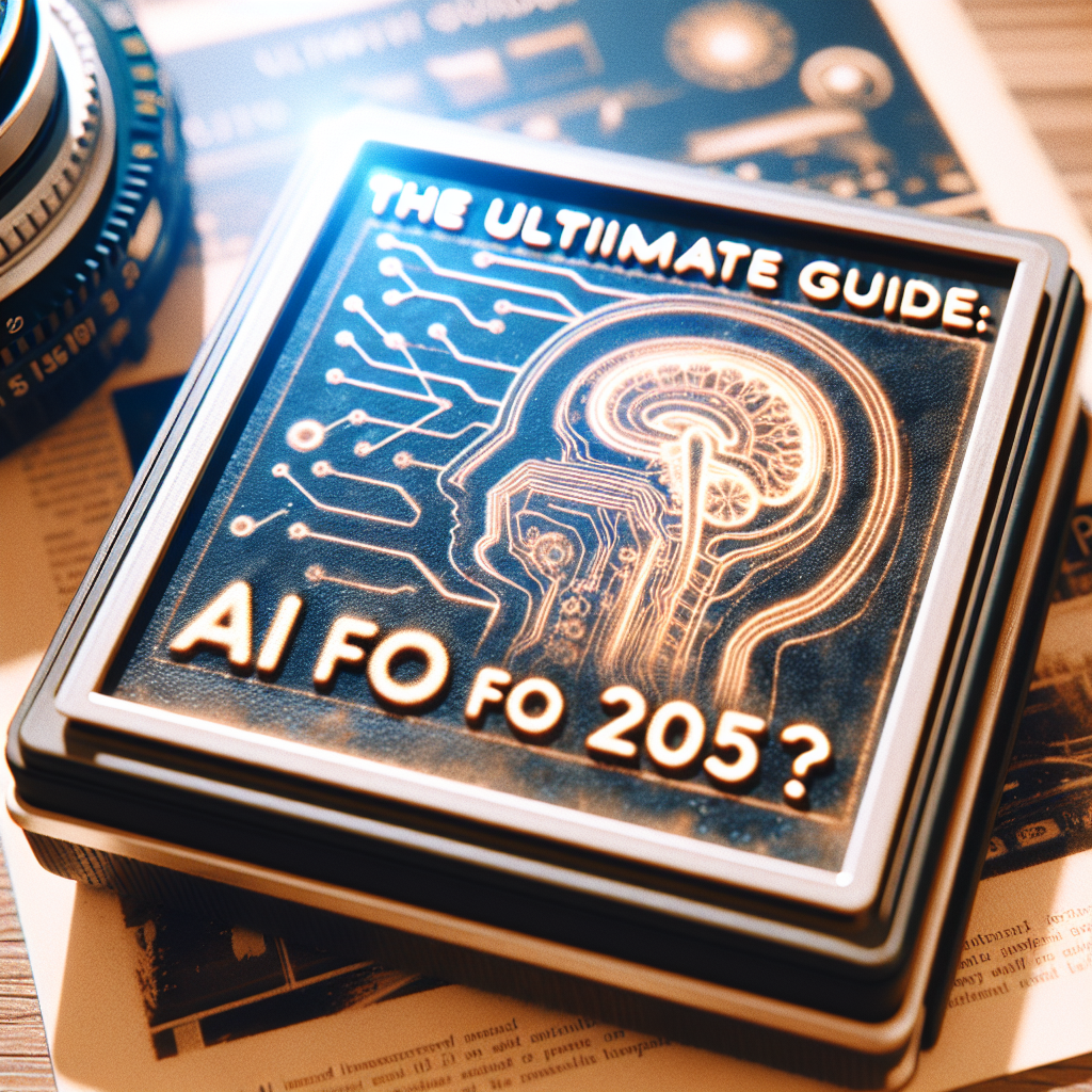 A stack of books titled The Ultimate Guide: AI for 205? with a digital brain illustration on the cover explores topics like Can you use AI for SEO? and the future of artificial intelligence.