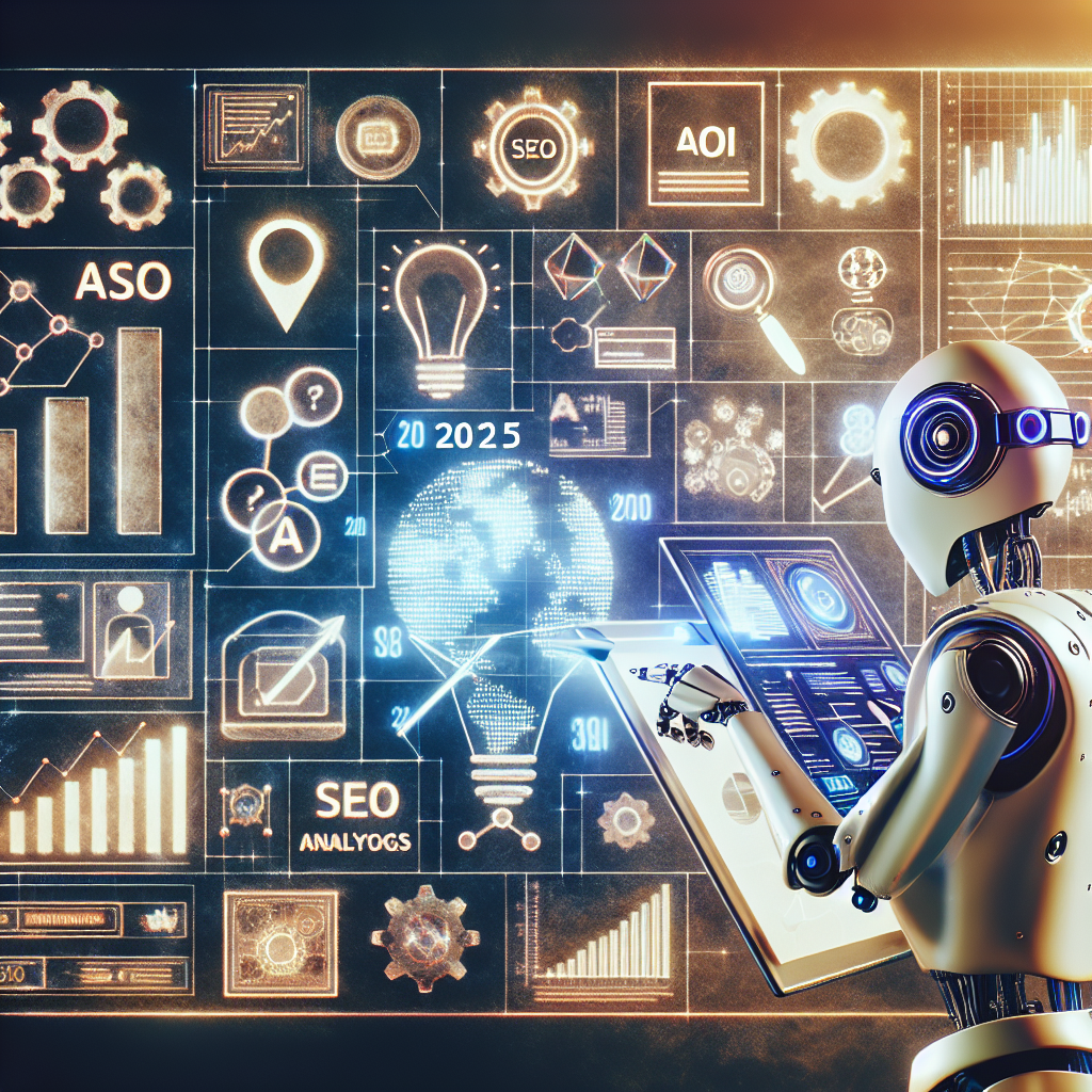 A robot demonstrates how to use AI for SEO by analyzing digital marketing and SEO analytics on futuristic screens filled with charts and graphs.
