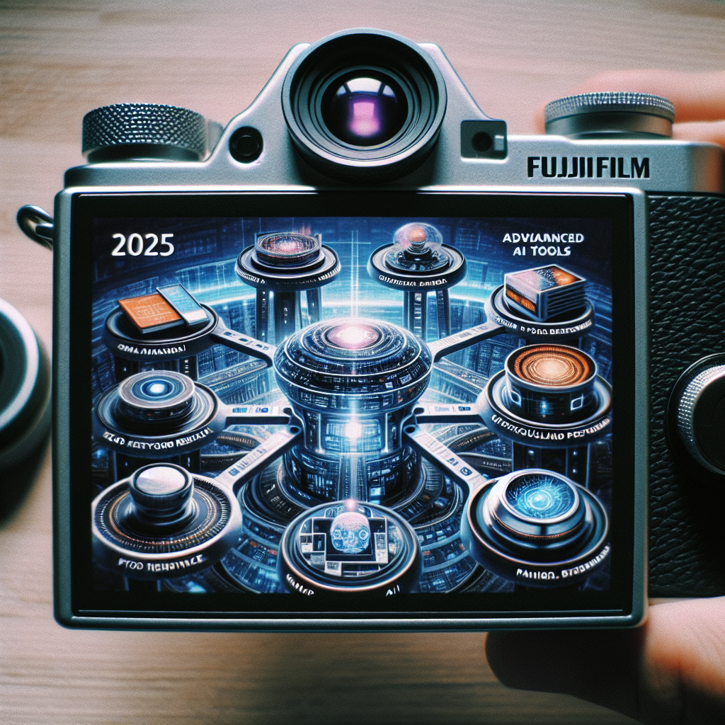Camera screen displays a futuristic AI technology interface with labeled ai tools for SEO keyword research and a central glowing hub, year 2025.
