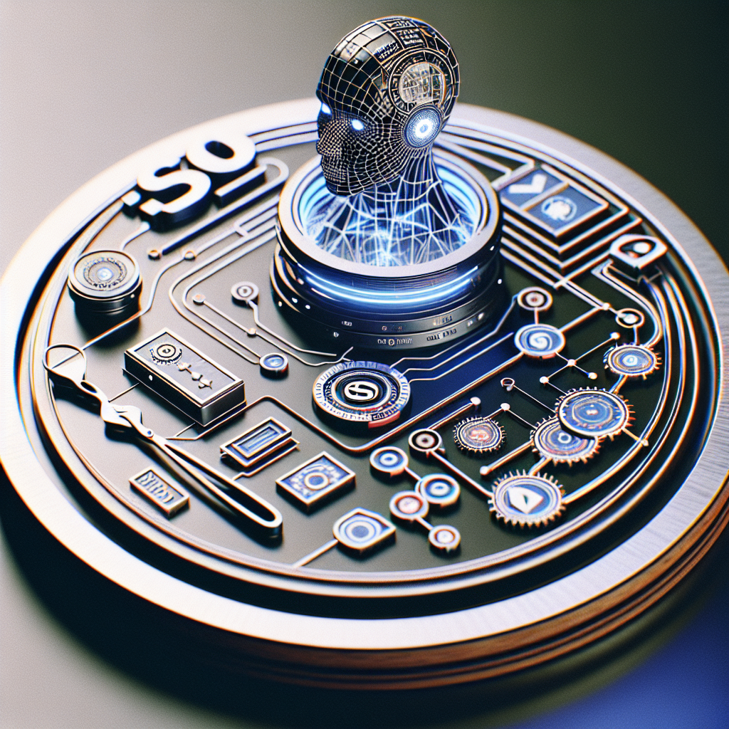 A futuristic robot head on a circular platform with digital circuits and technology icons, symbolizing the evolution of how to SEO for AI search.