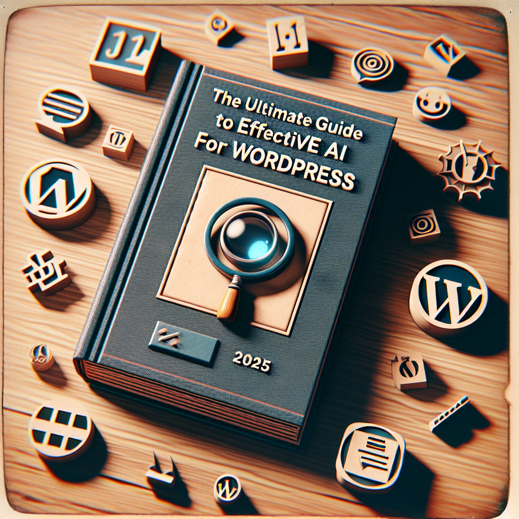 A book titled The Ultimate Guide to Effective AI for WordPress 2025, surrounded by WordPress icons, highlights the best strategies for SEO AI for WordPress users.