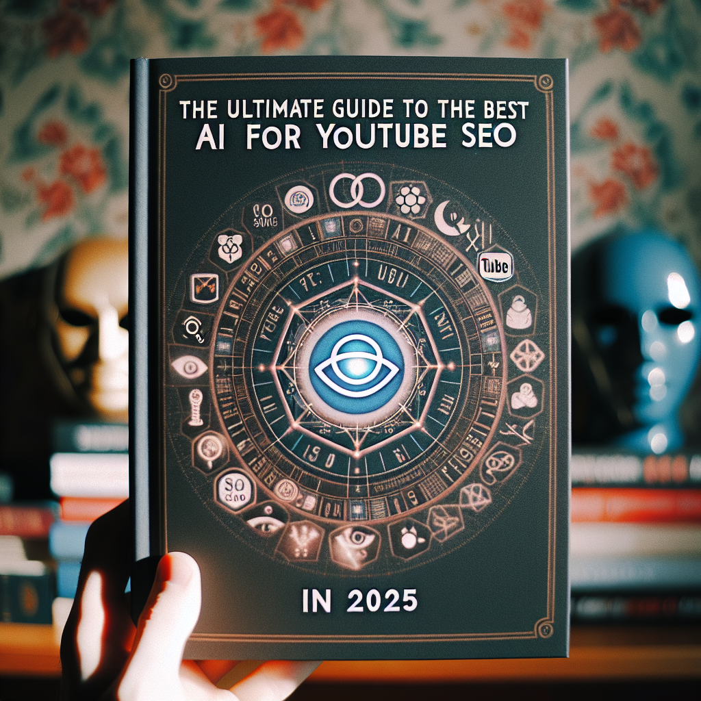 A hand holds a book titled The Ultimate Guide to the Best AI for YouTube SEO in 2025, showcasing expert tips on finding the best AI for YouTube SEO against a blurred background.