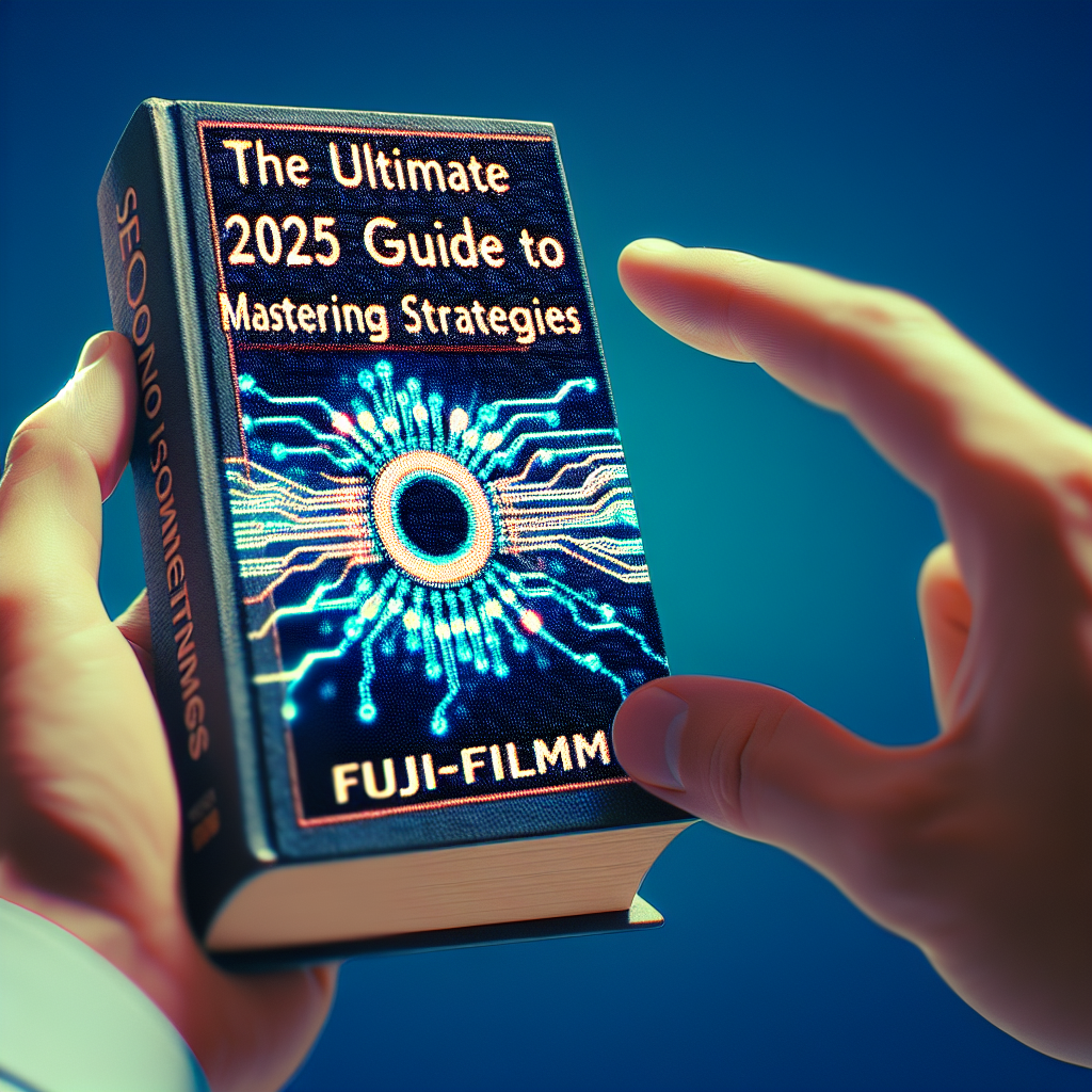 A person holds a book titled The Ultimate 2025 Guide to Mastering Strategies by Fuji-Filmm, exploring topics like seo for ai is called optimization for artificial intelligence.