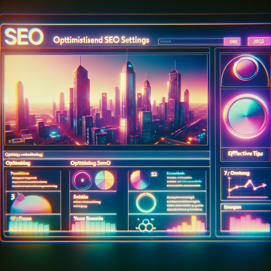 Futuristic SEO dashboard with cityscape, graphs, charts, and optimization settings in neon colors, showcasing how to optimise SEO for AI-driven strategies.