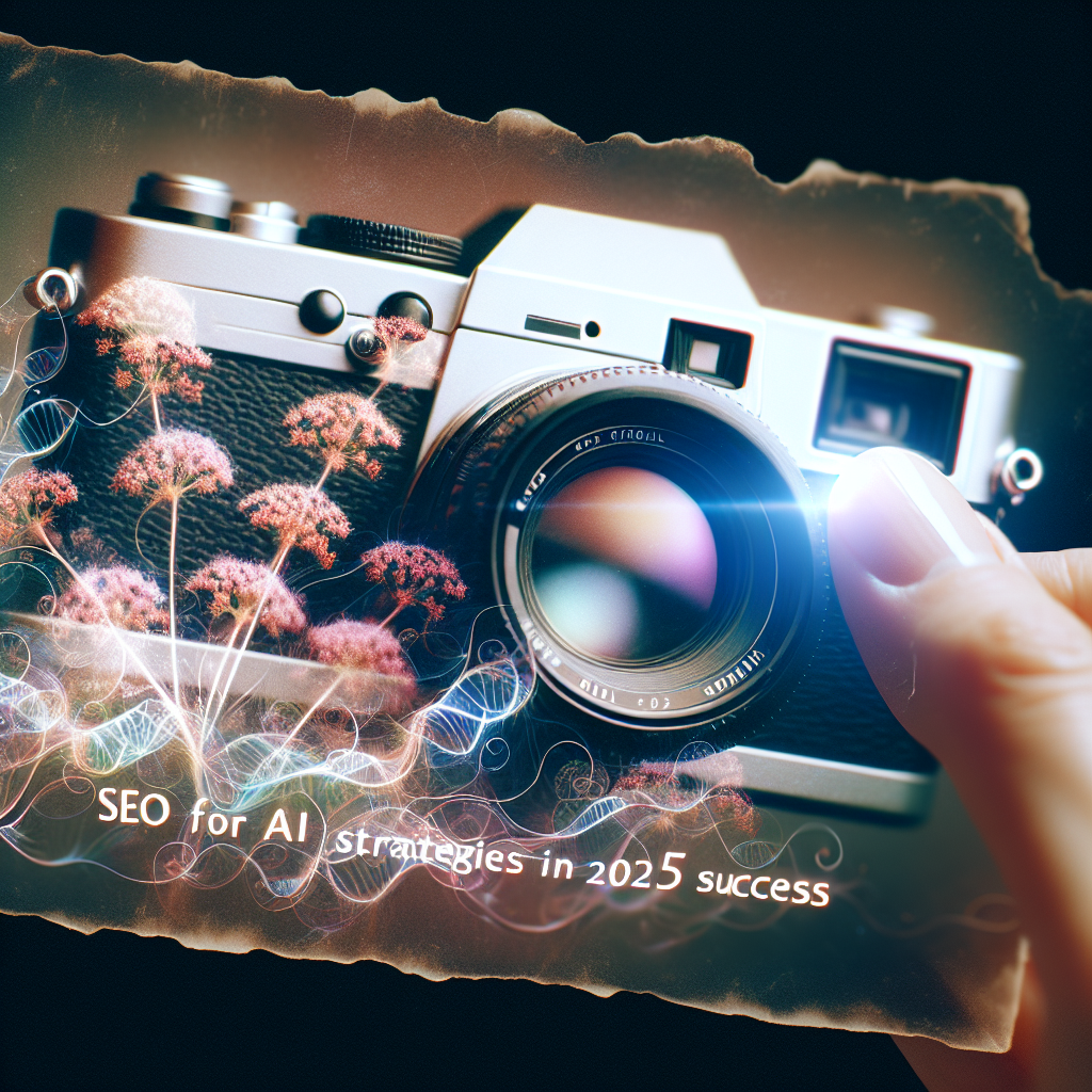 A vintage camera with flowers and the text SEO for AI Search Strategies in 2025 success overlayed.