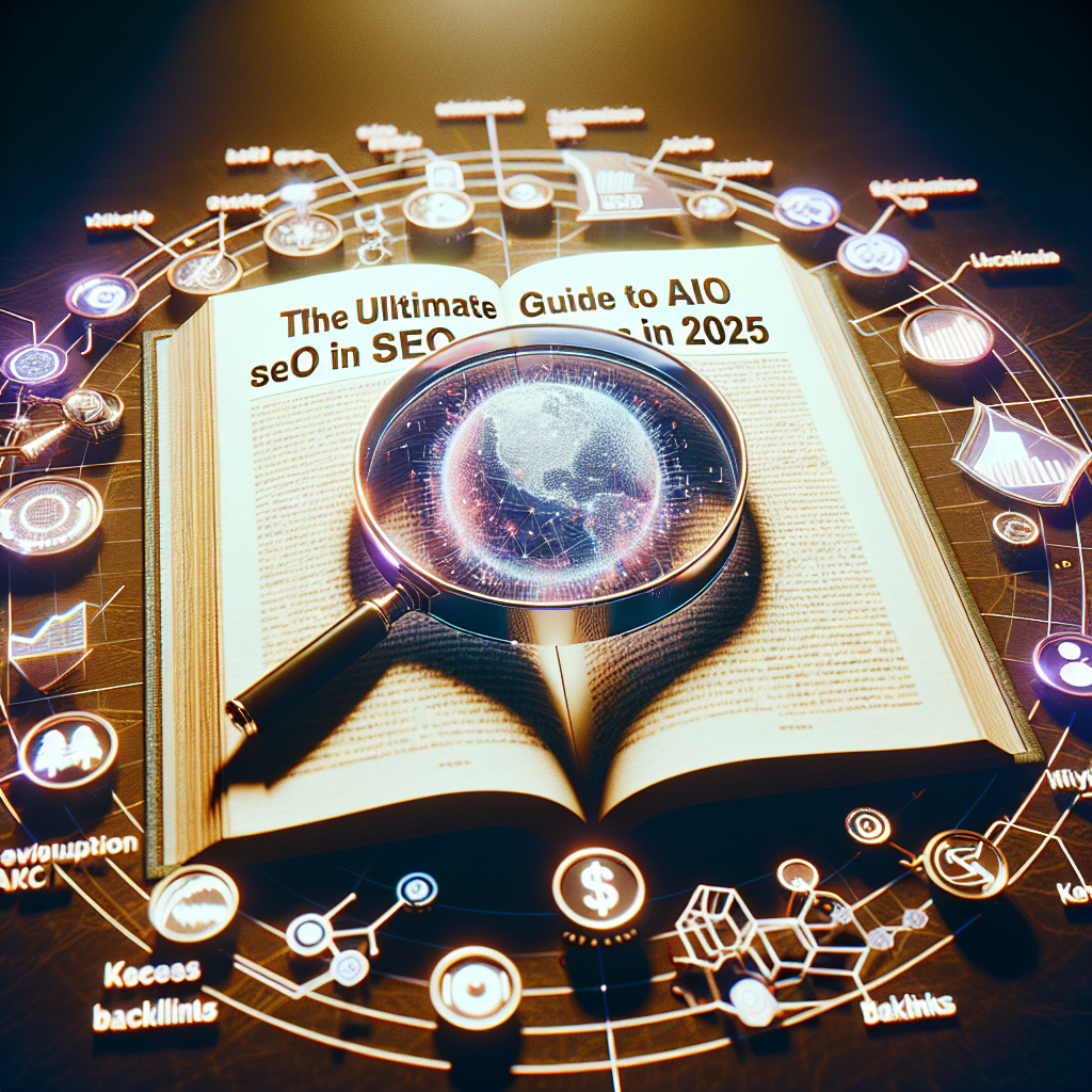 Open book titled The Ultimate Guide to AIO SEO in 2025 with a magnifying glass, digital SEO icons, and insights into how AI can do SEO for you.