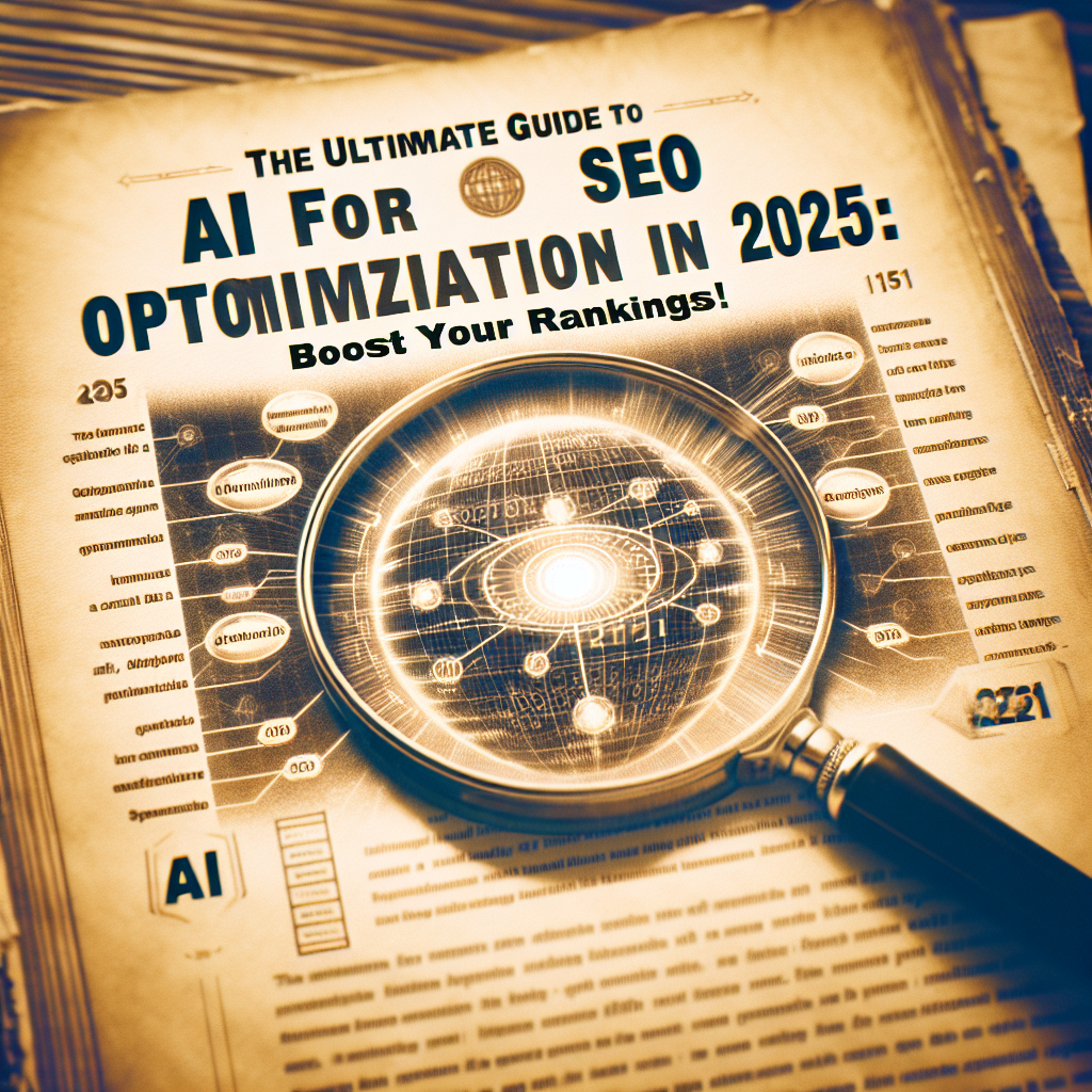 Old paper titled AI for SEO Optimization in 2025, featuring a magnifying glass inspecting a digital globe—highlighting the evolving role of ai for seo optimization in shaping the future of search strategies.