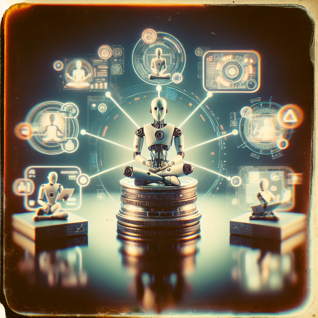 A robot meditates on stacked coins, surrounded by digital screens and holograms representing data, technology, and the evolving world of SEO for AI chatbots.