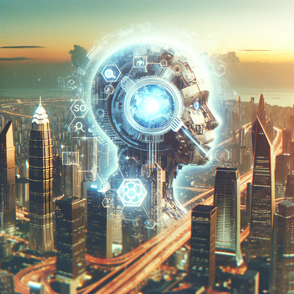 Futuristic city skyline with a glowing robotic head and digital icons floating above buildings at sunset, evoking the question: what is the equivalent of SEO for AI in this evolving digital landscape?.