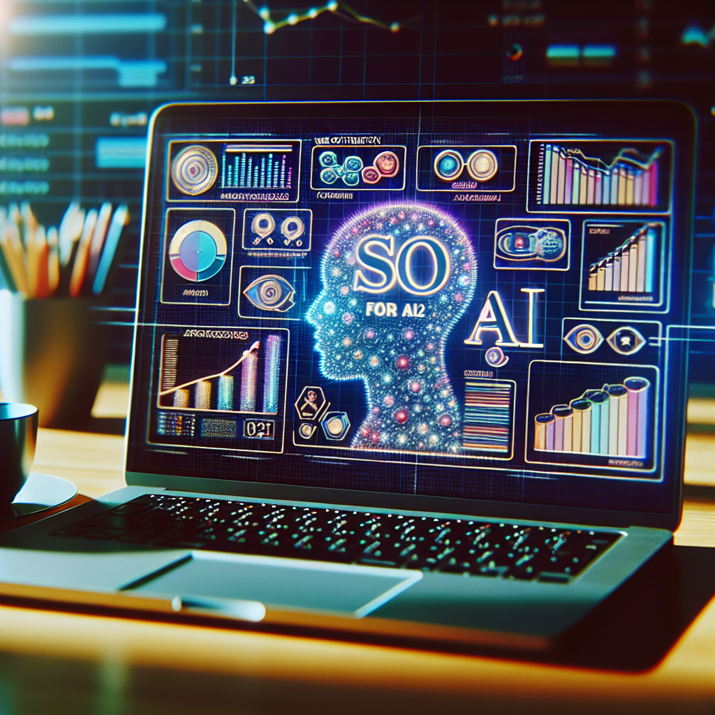 A laptop screen displays colorful AI data charts and a digital head graphic labeled SO AI in an office setting, prompting the question: is there SEO for AI in today’s tech-driven workspace?.