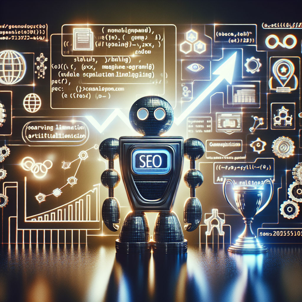 A robot labeled SEO stands by charts and a trophy, surrounded by digital analytics and graphs, illustrating how to optimise SEO for AI-driven strategies.