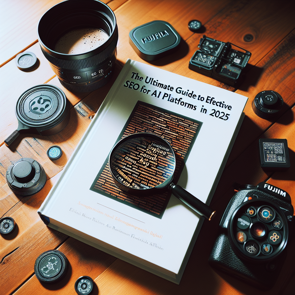 A book on SEO for AI platforms sits on a wooden table, surrounded by camera gear, coffee, and a magnifying glass.