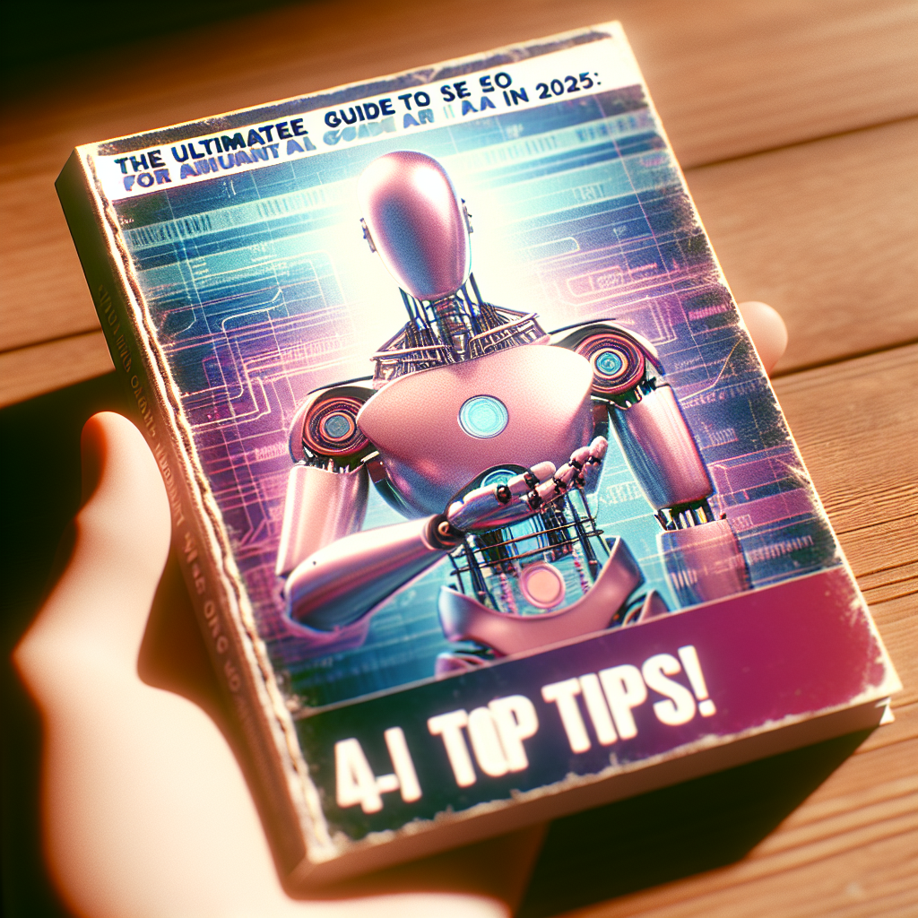 A hand holds a book titled “41 Top Tips!” featuring a futuristic robot on the cover, hinting at topics like is there seo for ai.