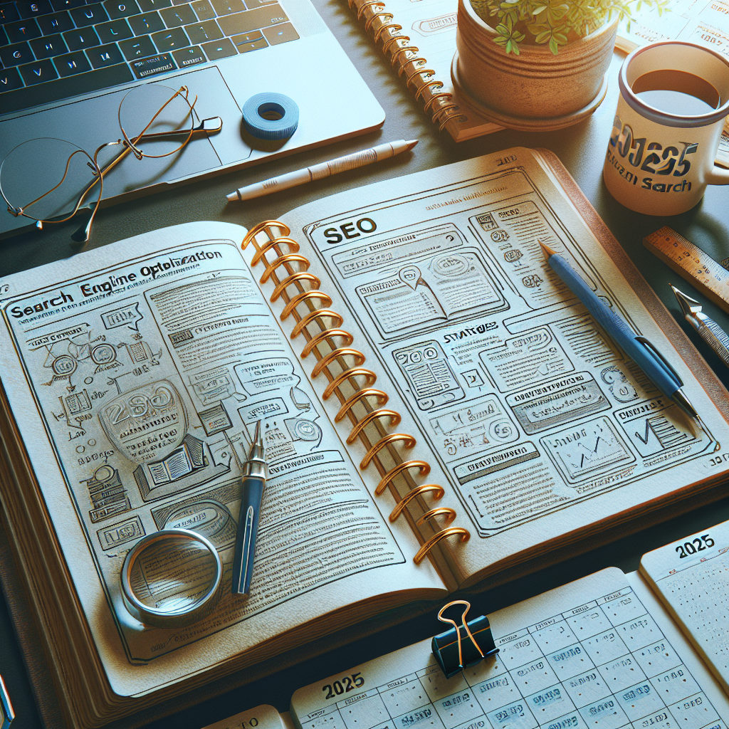 Open notebook with SEO sketches, a laptop, coffee cup, pen, and 2025 calendar on a desk—perfect for brainstorming how to SEO for AI search.