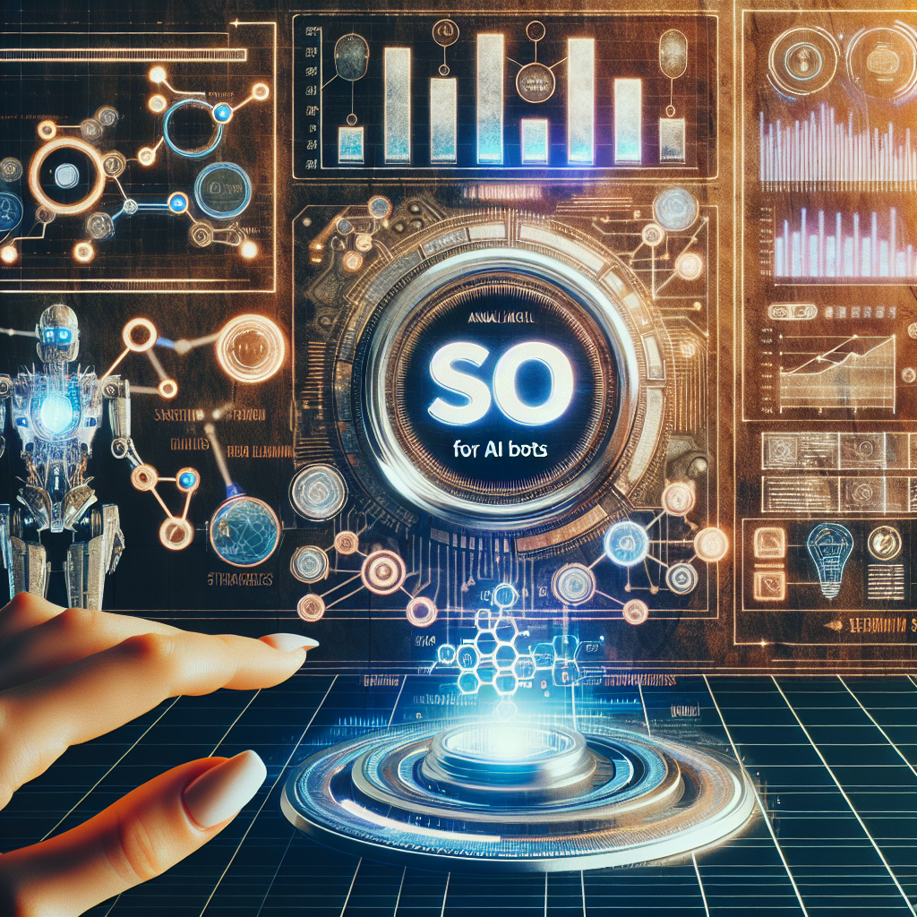 Futuristic interface with charts, graphs, and SEO for AI bots text, featuring a hand interacting on a screen.