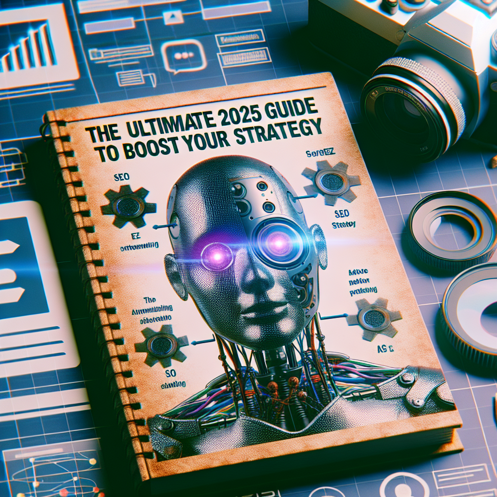 A notebook with a robot face cover titled “The Ultimate 2025 Guide to Boost Your Strategy” sits on a tech desk, offering insights like what is SEO for AI to enhance your digital approach.