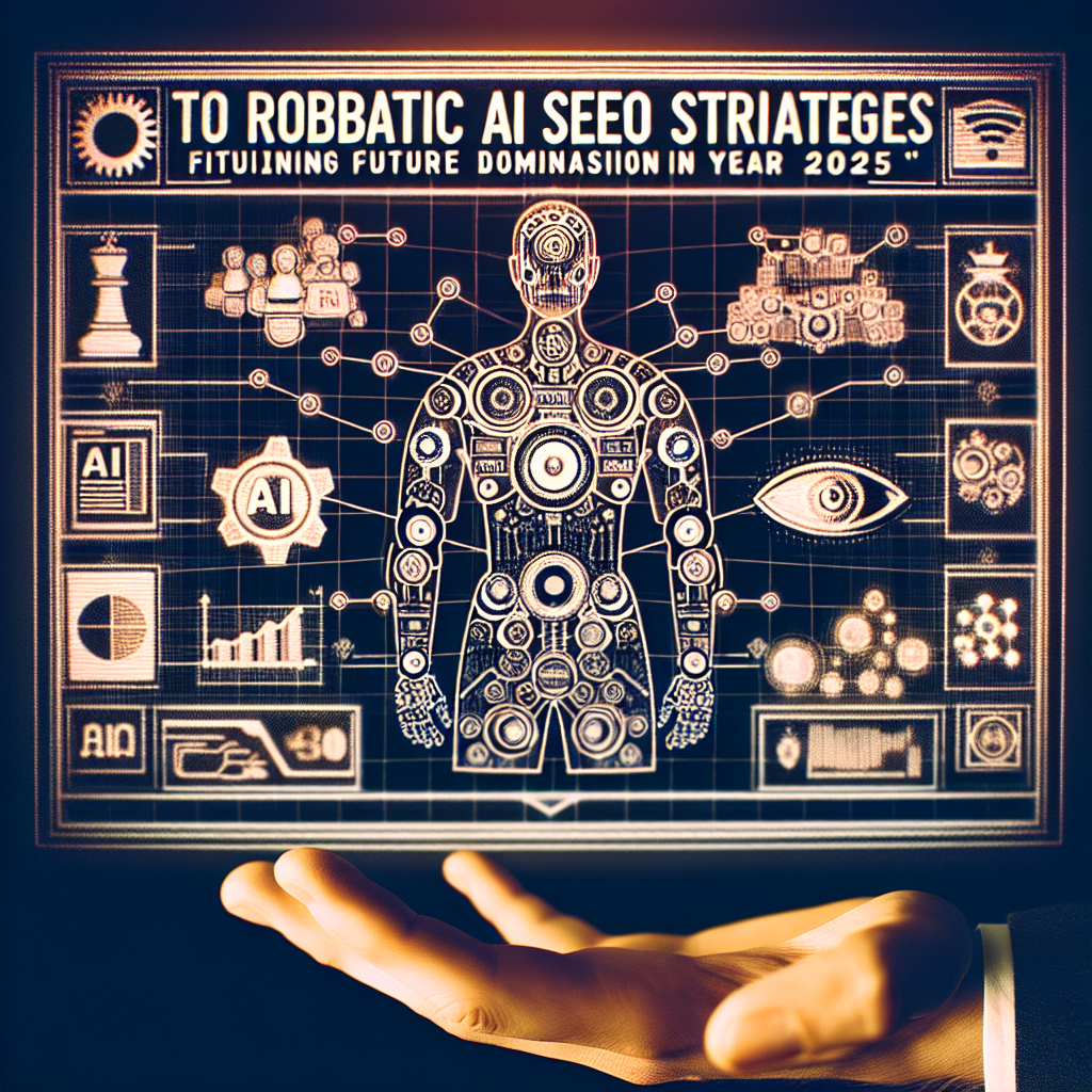 A digital interface displays AI and SEO icons, a humanoid figure, and text highlighting AI SEO for ecommerce strategies in 2025.