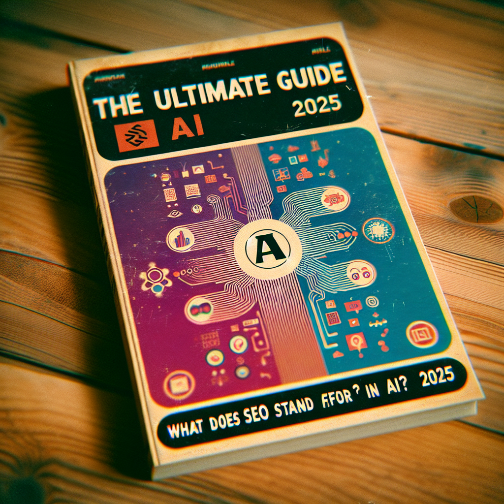 A book titled The Ultimate Guide AI 2025 on a wooden table, featuring colorful tech icons and answering questions like what does SEO stand for in AI on its vibrant cover.
