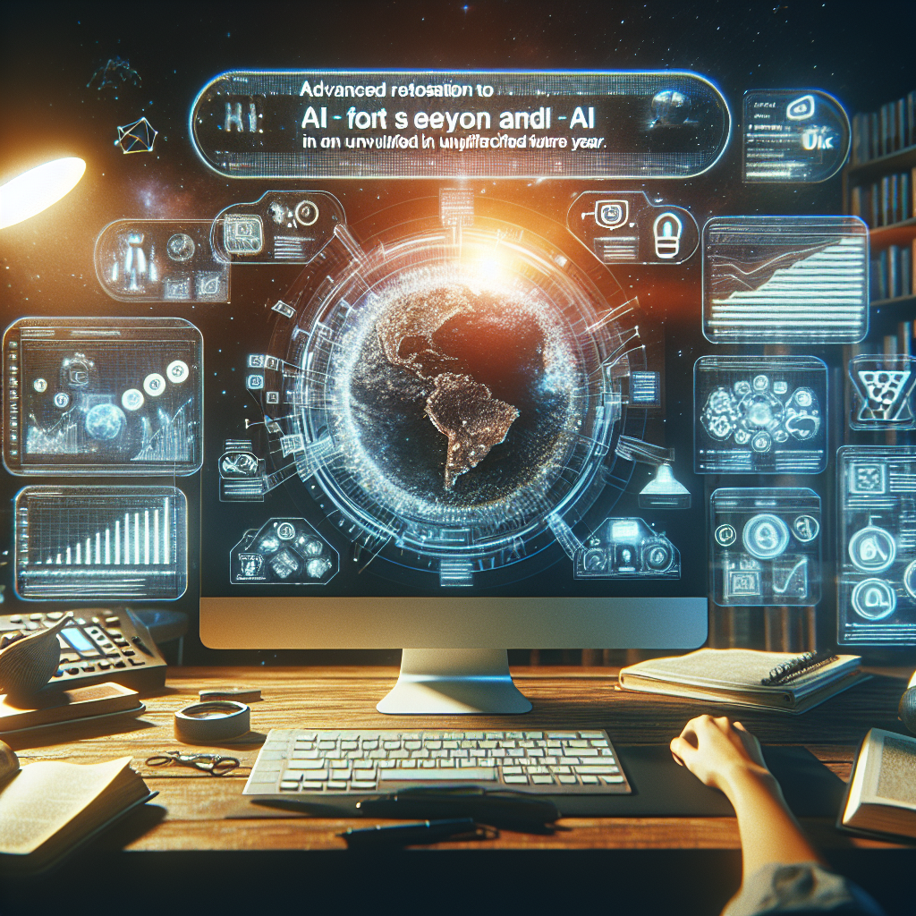 A person at a desk viewing futuristic AI data and Earth holograms on a large desktop screen, exploring the best AI for SEO keywords to enhance digital strategy.