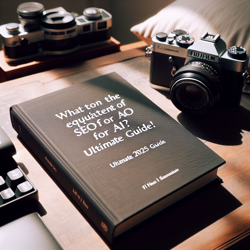 A hardcover book about AI and SEO lies on a desk near two vintage cameras and a keyboard, hinting at the question: what is the equivalent of SEO for AI?.