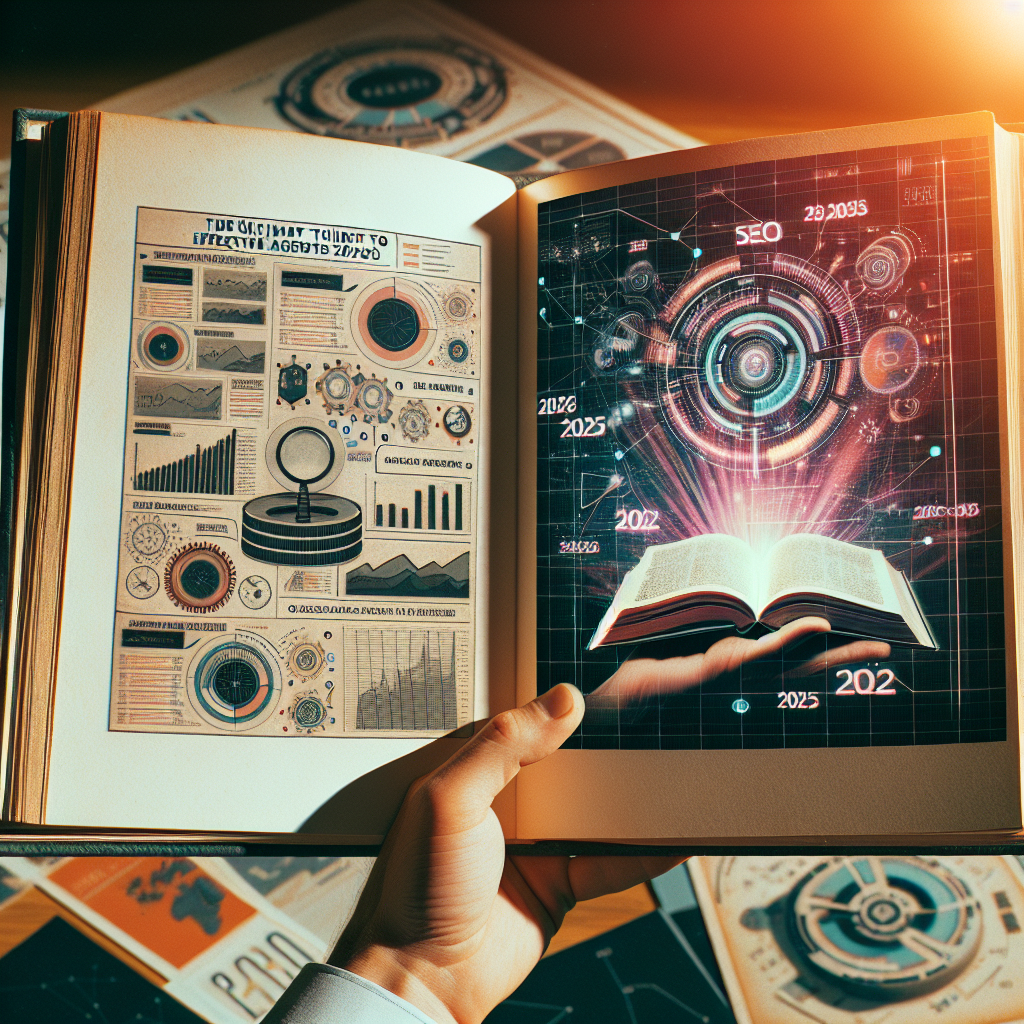 A hand holds an open book displaying futuristic graphics, charts, and holographic digital projections related to SEO for AI agents.