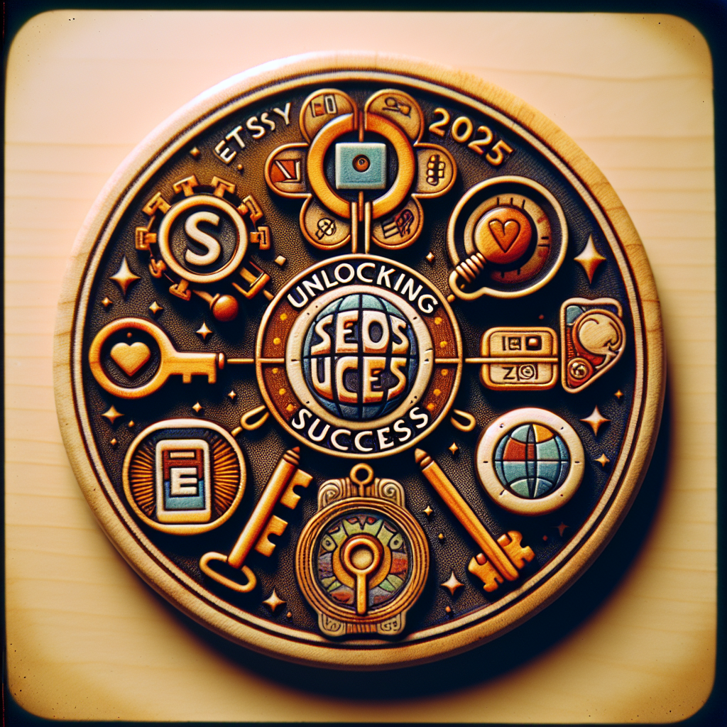 A round emblem with Etsy 2025, keys, and icons, reading SEO Success: Unlocking Success—powered by SEO AI for Etsy innovations.