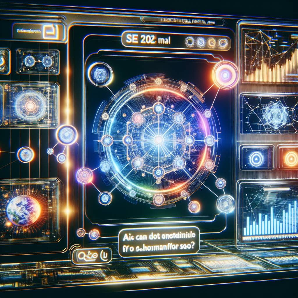 Futuristic digital dashboard with glowing data charts, a central circular interface, and text exploring topics like can AI do SEO for my website.
