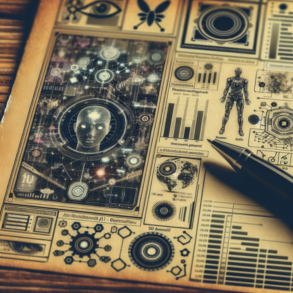 A pen on a sheet with futuristic AI diagrams, charts, a robot illustration, and digital human face graphics showcases concepts like an AI agent for SEO optimization.