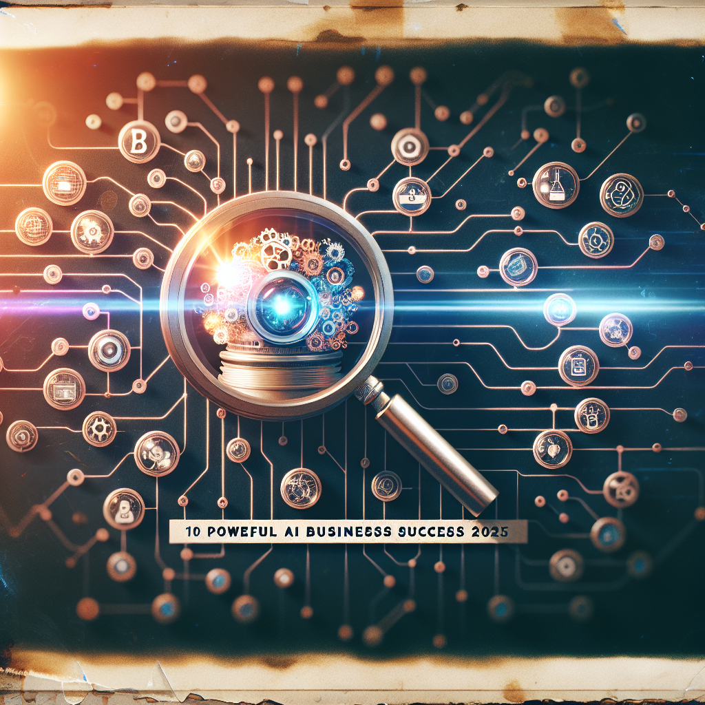 Magnifying glass over AI and business icons, with text: 10 Powerful AI SEO for Small Business Success 2025.