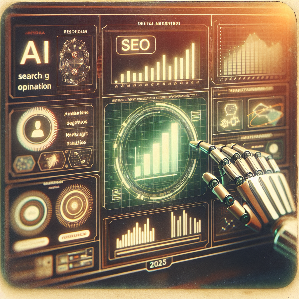 A robotic hand interacts with a futuristic digital dashboard displaying AI, SEO, and analytics graphs, exploring the question: can AI do SEO for me?.