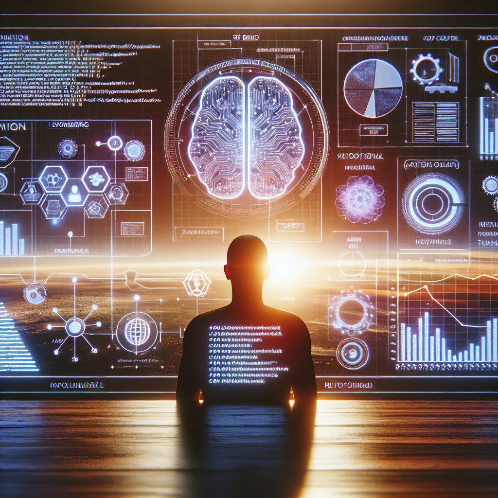 Person facing digital screens with a brain, charts, and futuristic infographics, suggesting data analysis or AI—perfect for illustrating how to optimize SEO for AI in today’s tech-driven world.