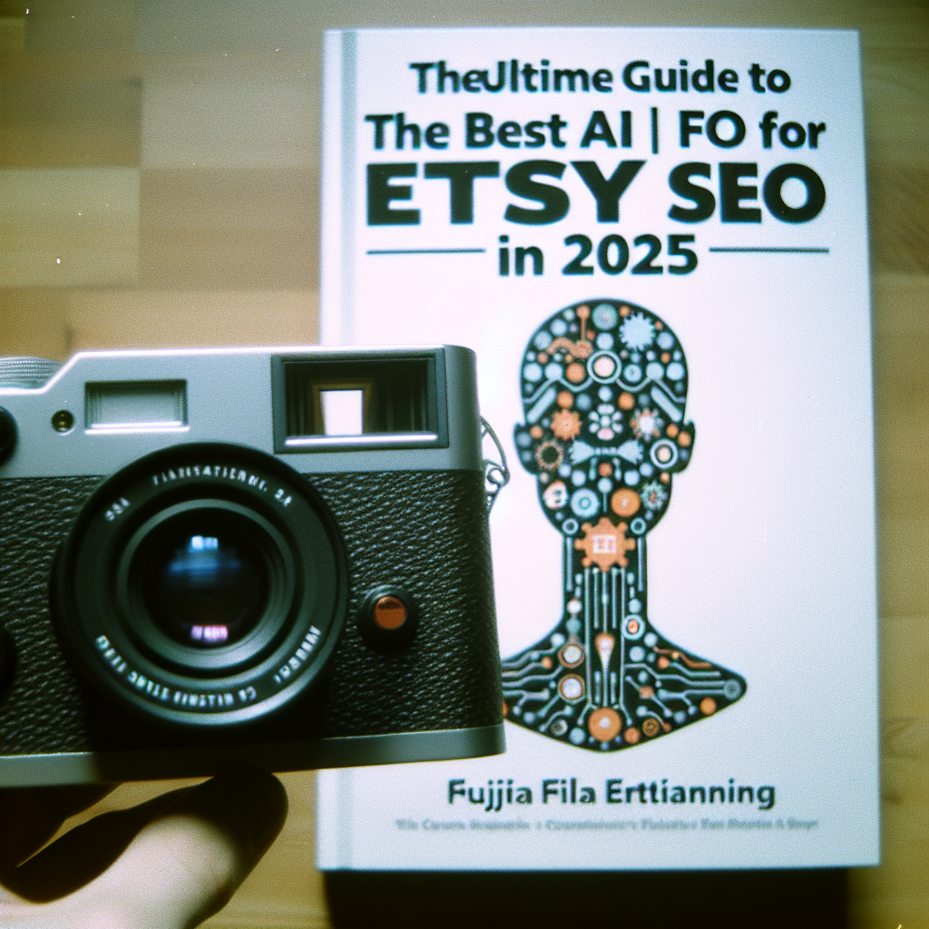 A person holds a camera in front of a book titled “The Best AI for Etsy SEO in 2025,” highlighting the latest strategies for finding the best AI for Etsy SEO success.