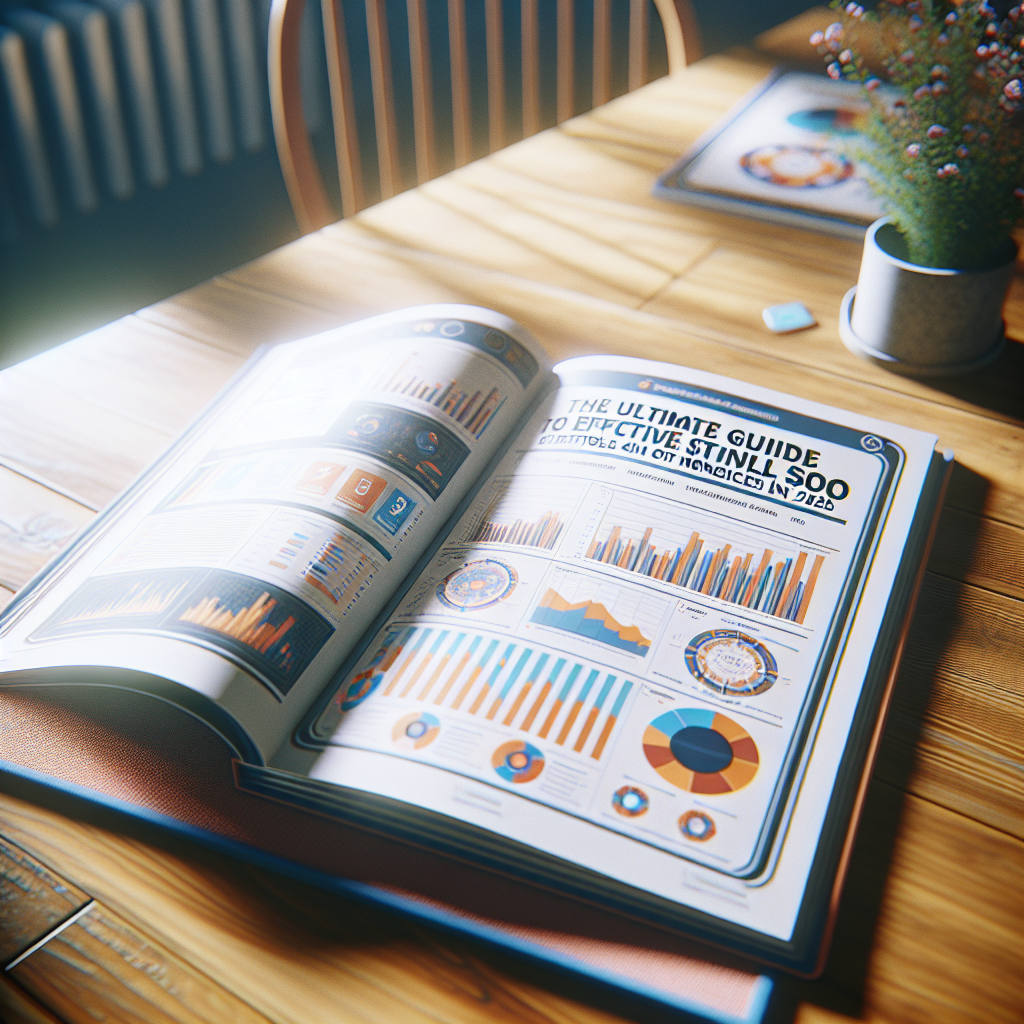 An open magazine with colorful charts and graphs on a wooden table showcases insights on seo for ai models, placed next to a plant and a chair.