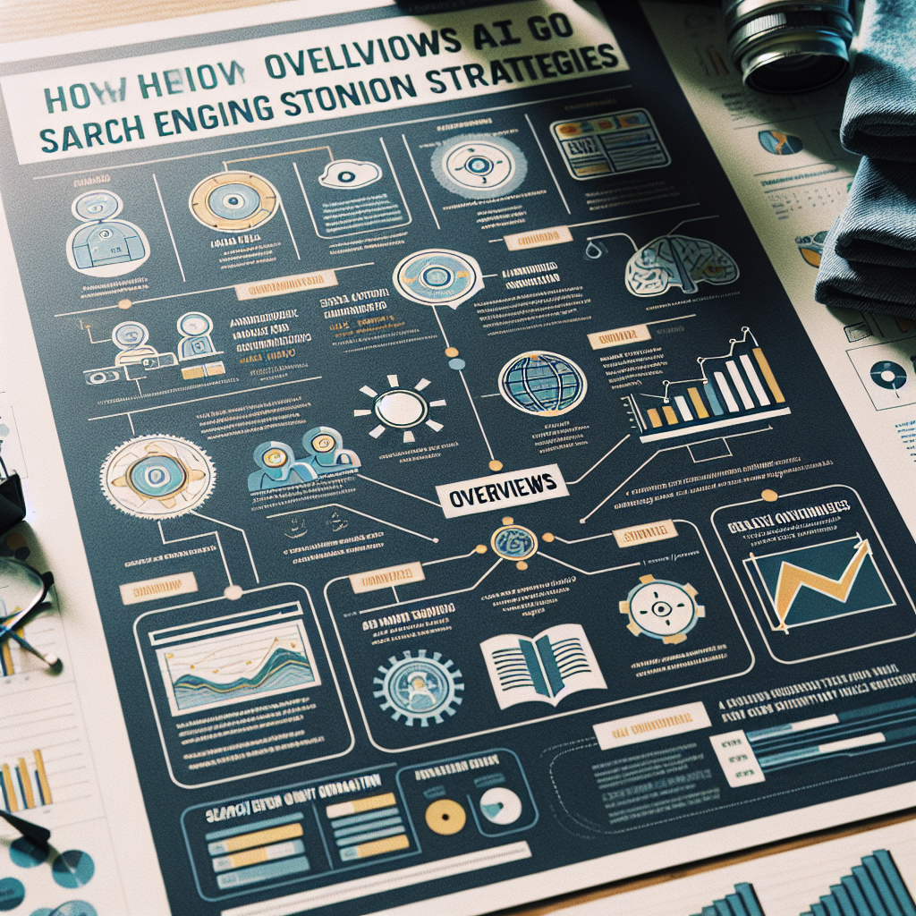 Infographic with charts and diagrams outlining seo for ai overviews strategies on a desk with documents.